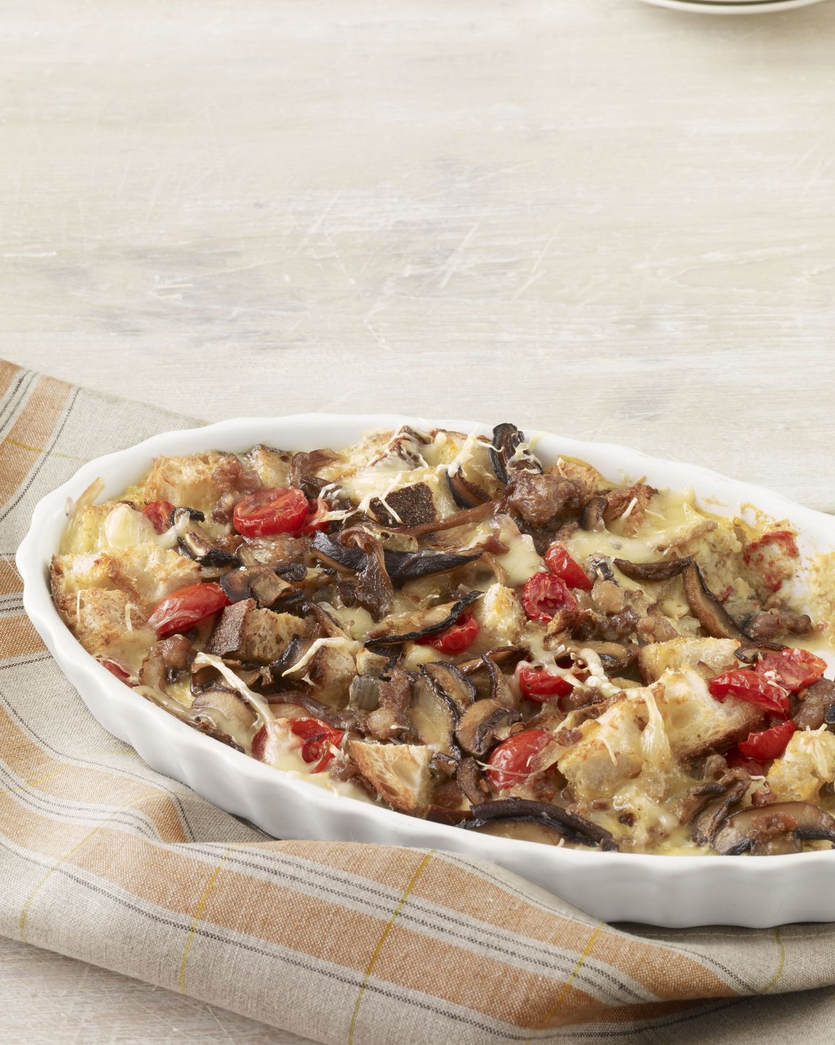 breakfast casserole with turkey sausage, mushrooms, and tomatoes