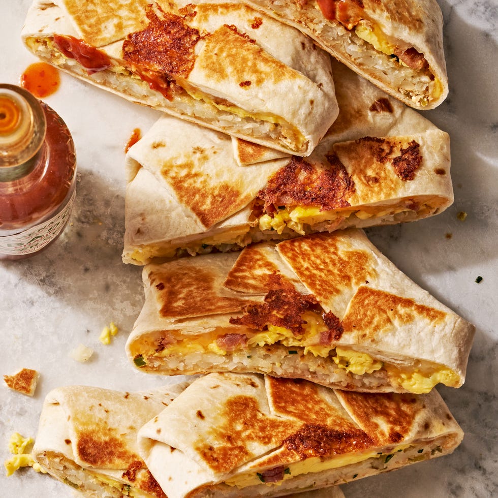 crunchwrap layered with eggs, hashbrowns, and bacon