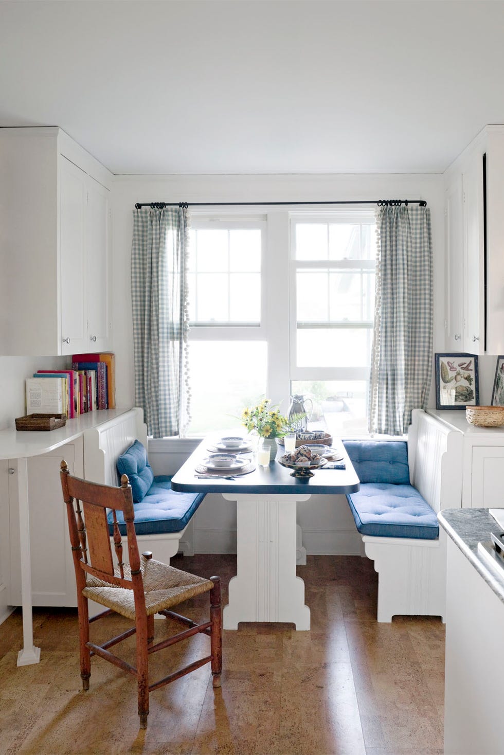 blue and white breakfast nook in small kitchen