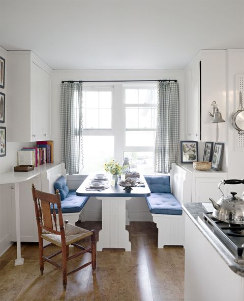 blue and white breakfast nook in small kitchen