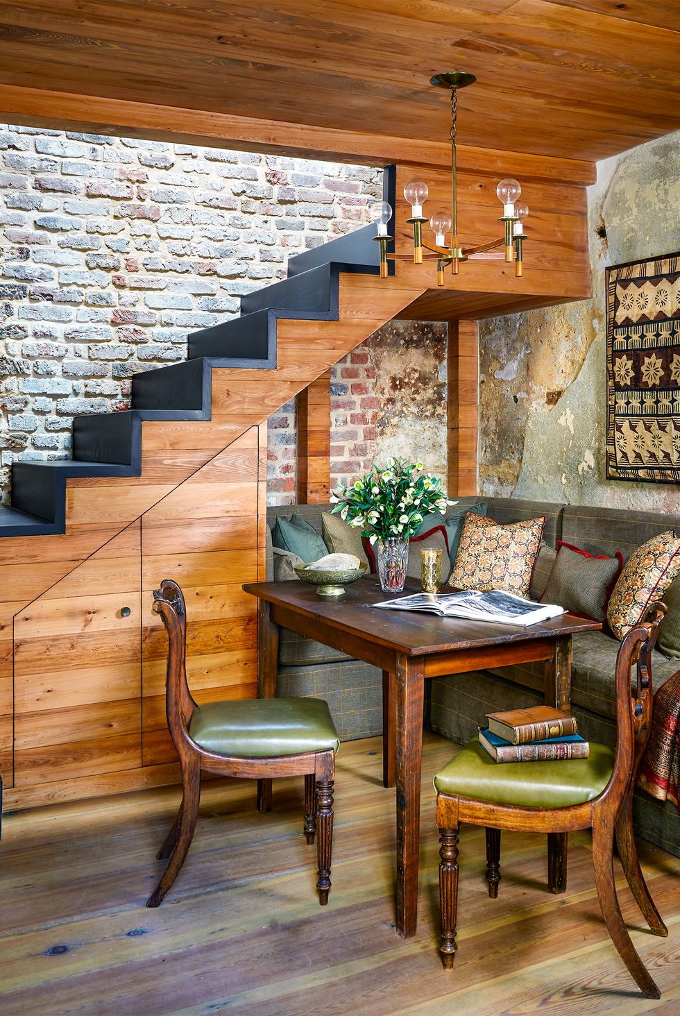 small nook under stairs in rustic house