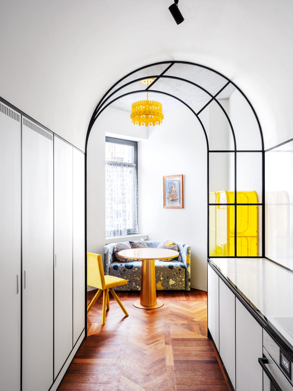 Yellow, Interior design, Architecture, Floor, Room, Flooring, Wall, Ceiling, Light fixture, Interior design, 