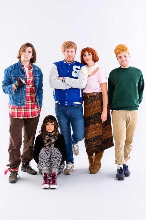 a group of five people dressed like the characters in the breakfast club as part of a group 80s halloween costume