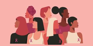 breast cancer awareness month and diverse ethnic women with pink support ribbon