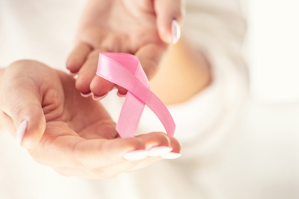 breast cancer symbol pink ribbon in tender female hands october health and medicine concept