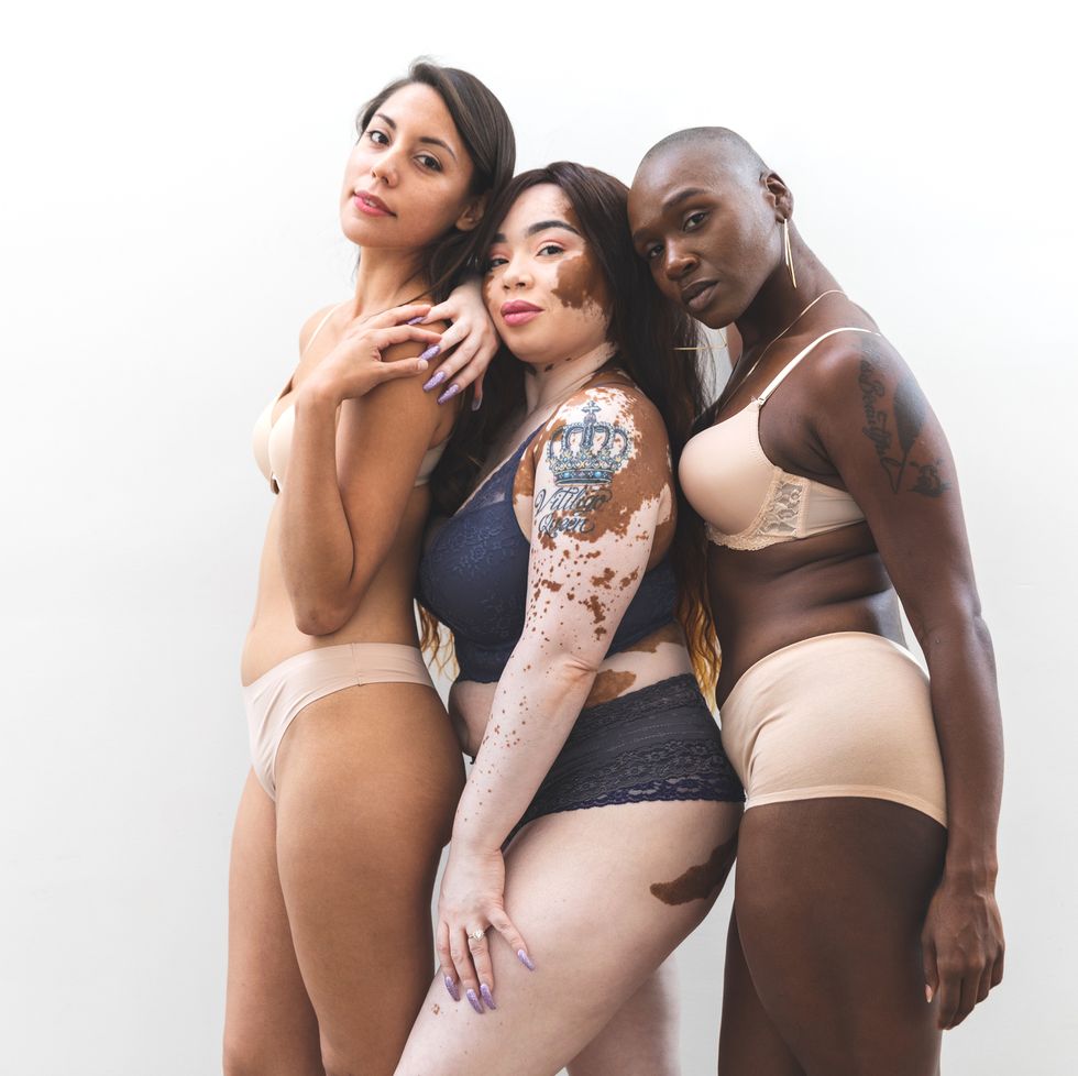 three female friends in underwear to represent different body types