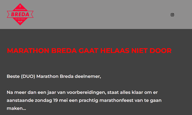 de website van de marathon van breda met het bericht dat de marathon niet door gaat