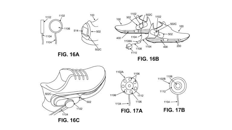 technical drawings of a shoe design with components labeled