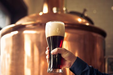 Brewer holding glass of bitter ale beer at brewery