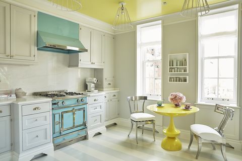 Room, Furniture, Yellow, Kitchen, Green, Cabinetry, Interior design, Blue, Property, Countertop, 
