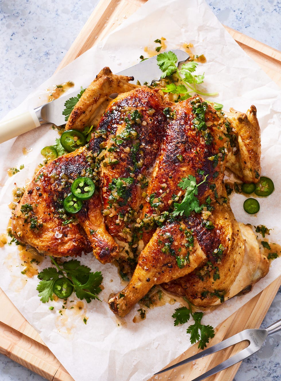 brick chicken with a spicy herb pan sauce