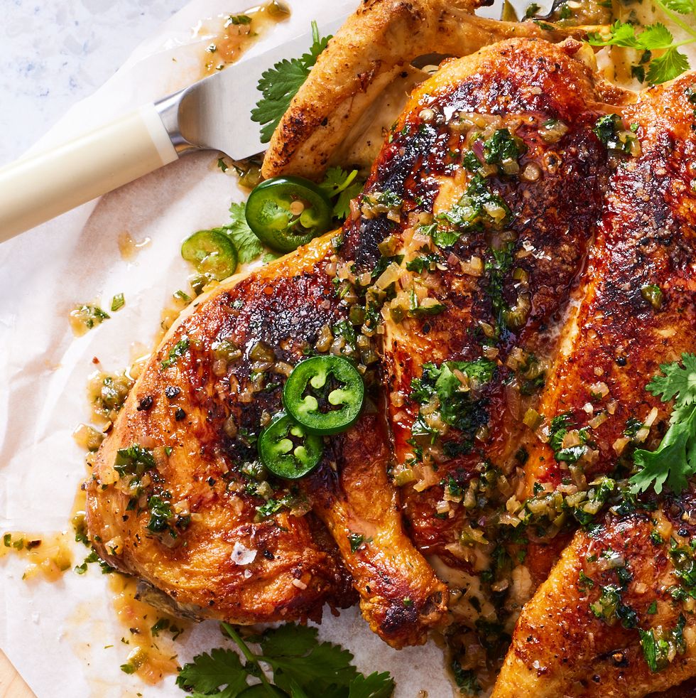 brick chicken with a spicy herb pan sauce