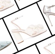 three bridal shoes in front of a plain backdrop in a roundup of the best bridal shoes 2022