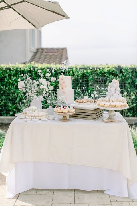 all white dessert table bridal shower theme