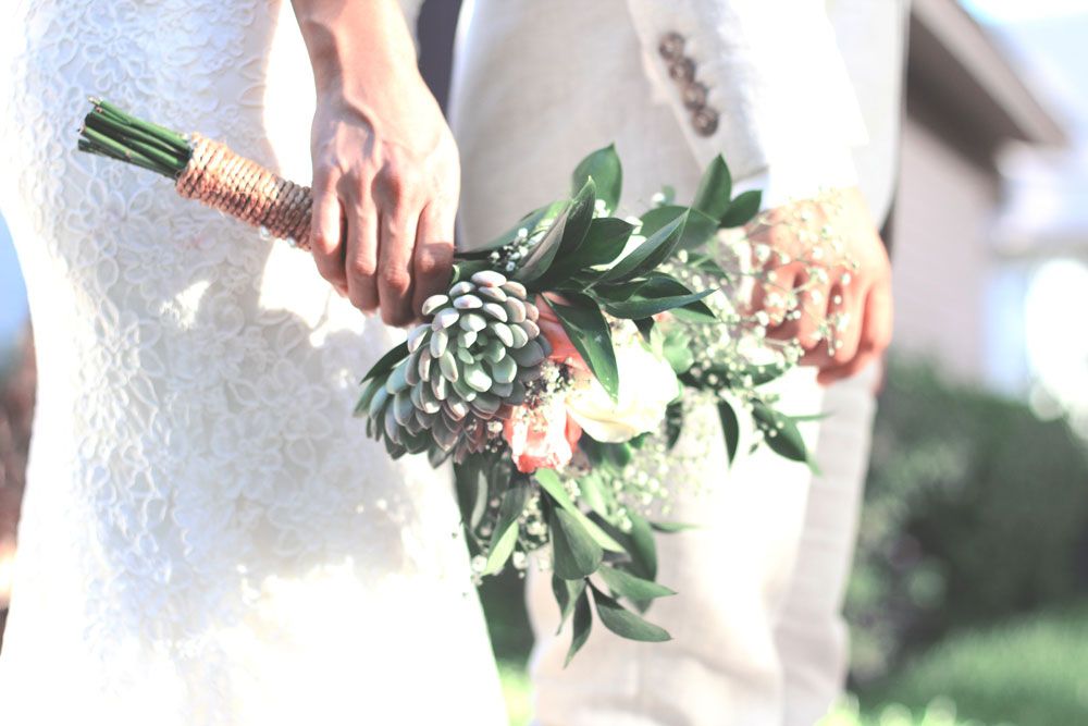 Photograph, Bouquet, Bride, Green, Dress, Flower, Plant, Hand, Protea, Finger, 