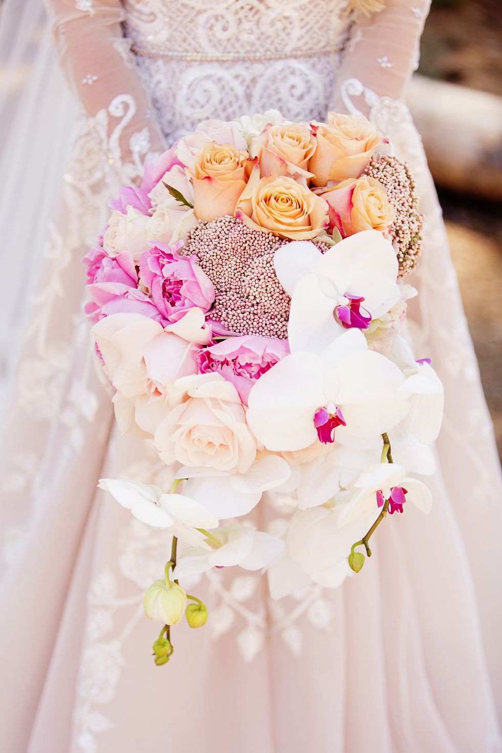 Pink, Photograph, White, Wedding dress, Dress, Bouquet, Bridal clothing, Wedding ceremony supply, Flower, Yellow, 