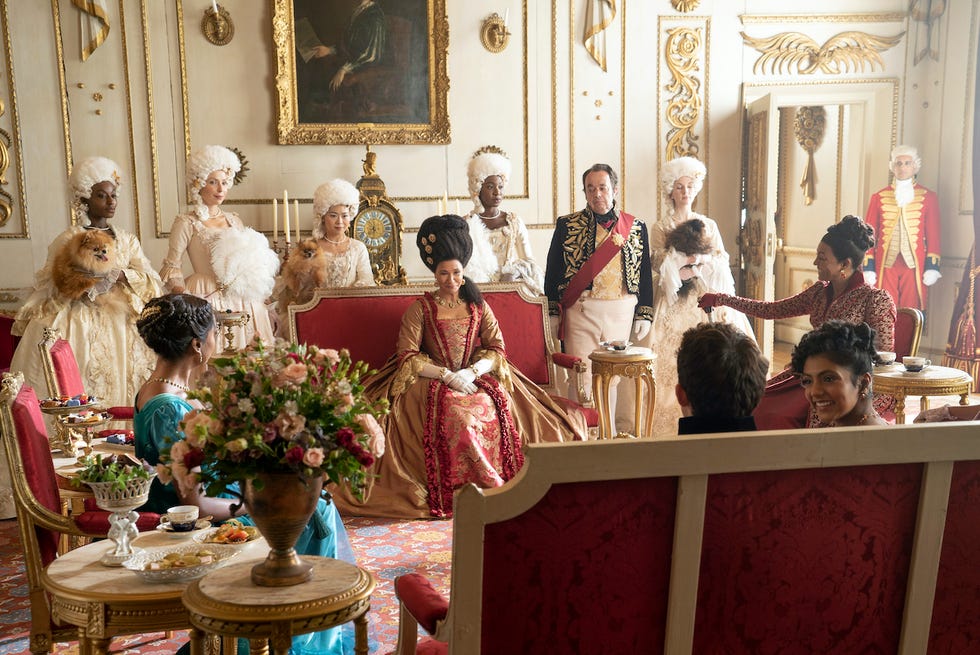 bridgerton l to r simone ashley as kate sharma, golda rosheuvel as queen charlotte, jonathan bailey as anthony bridgerton, hugh sachs as brimsley, charithra chandran as edwina sharma, adjoa andoh as lady danbury in episode 205 of bridgerton cr liam danielnetflix © 2022