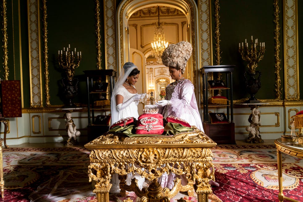 bridgerton l to r charithra chandran as edwina sharma, golda rosheuvel as queen charlotte in episode 206 of bridgerton cr liam danielnetflix © 2022