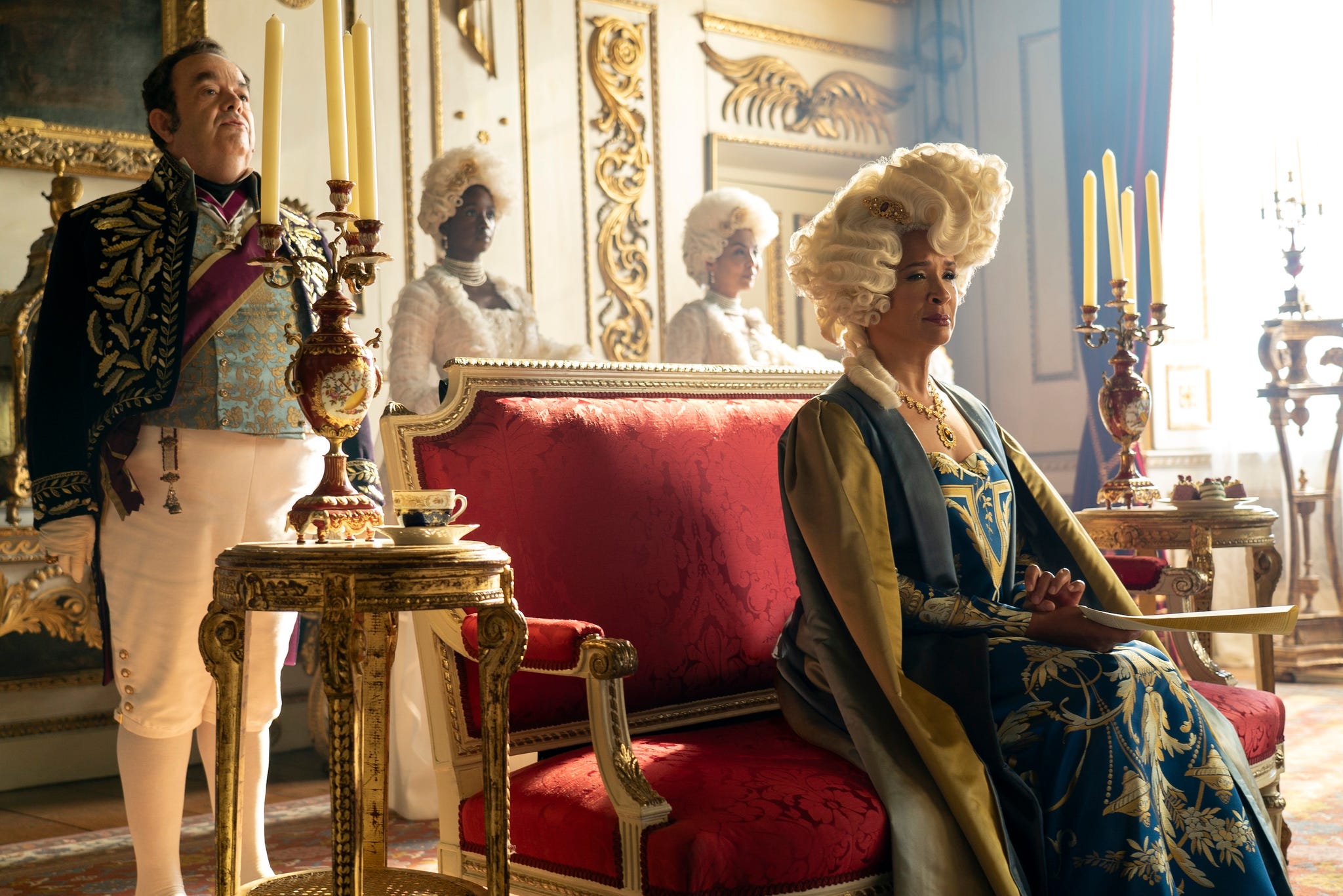 bridgerton l to r hugh sachs as brimsley, golda rosheuvel as queen charlotte in episode 303 of bridgerton