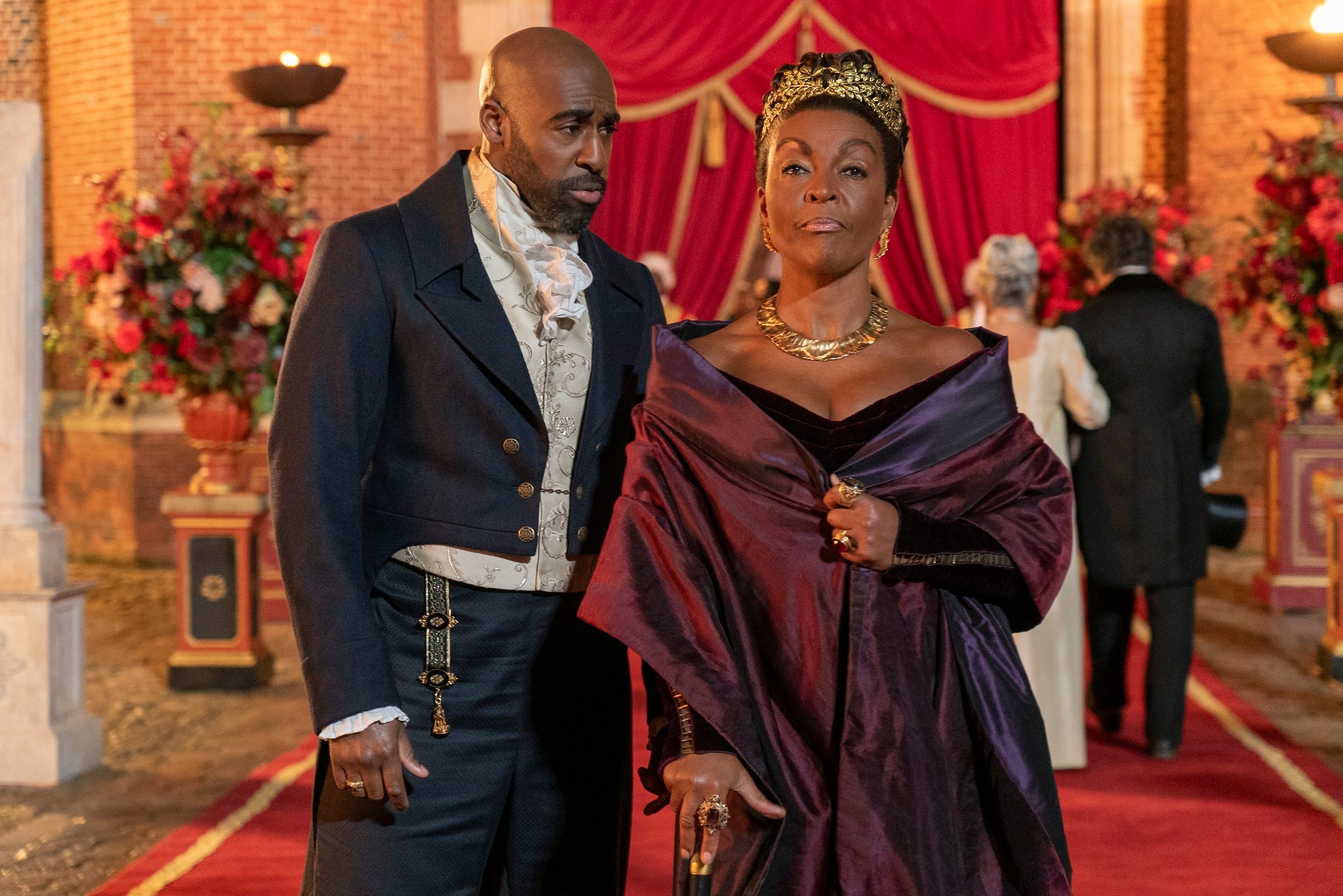 bridgerton l to r daniel francis as lord anderson, adjoa andoh as lady agatha danbury in episode 304 of bridgerton