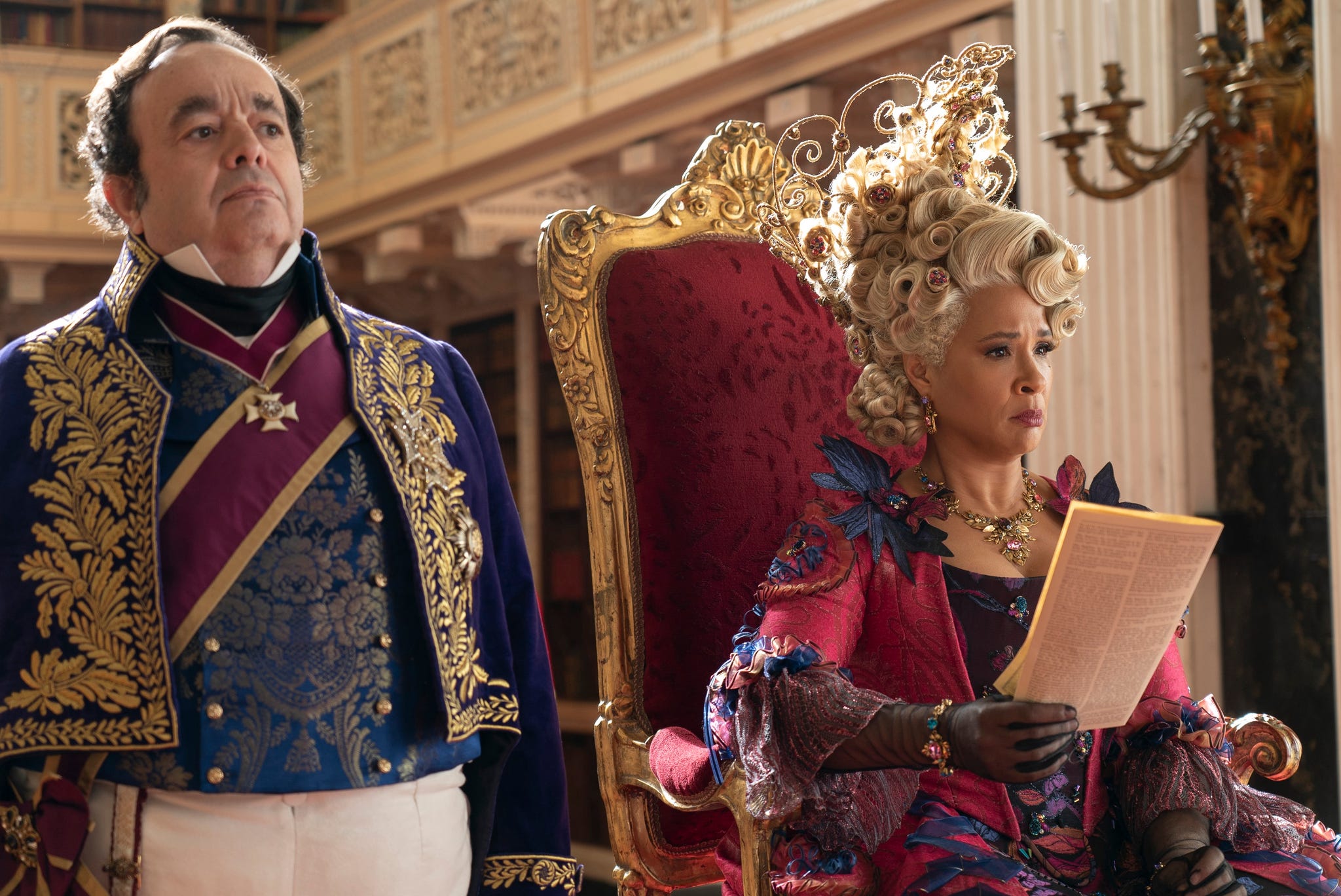 bridgerton l to r hugh sachs as brimsley, golda rosheuvel as queen charlotte in episode 307 of bridgerton