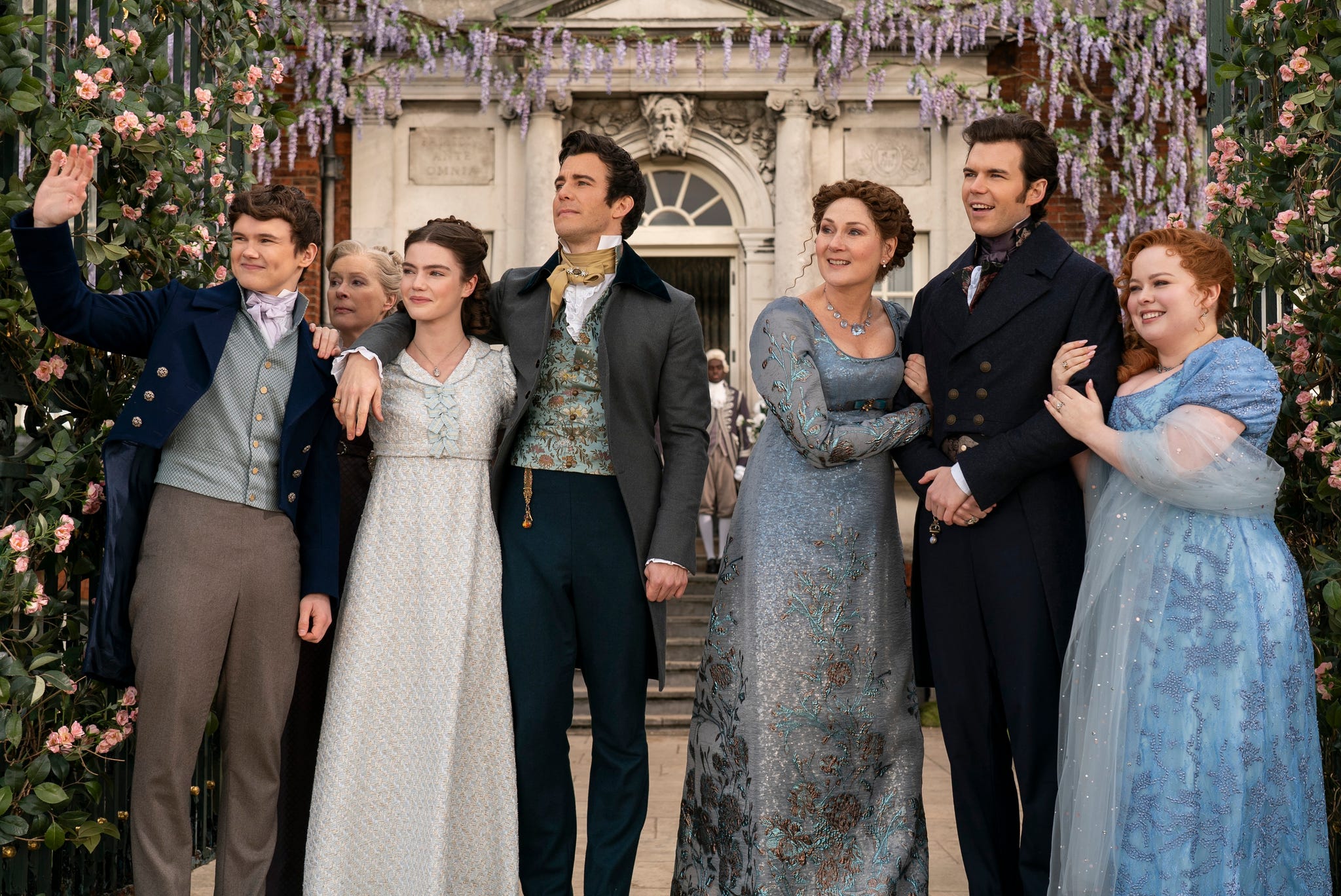 bridgerton l to r will tilston as gregory bridgerton, florence hunt as hyacinth bridgerton, luke thompson as benedict bridgerton, ruth gemmell as lady violet bridgerton, luke newton as colin bridgerton, nicola coughlan as penelope featherington in episode 308 of bridgerton