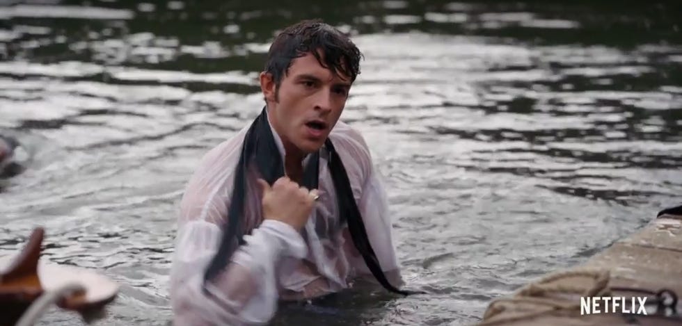 jonathan bailey as anthony coming out of a lake in bridgerton season 2