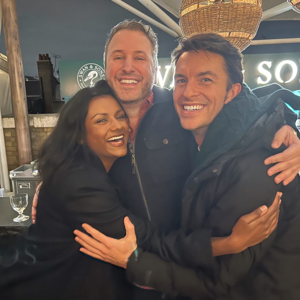 chris van dusen, jonathan bailey and simone ashley at the bridgerton season 2 wrap party