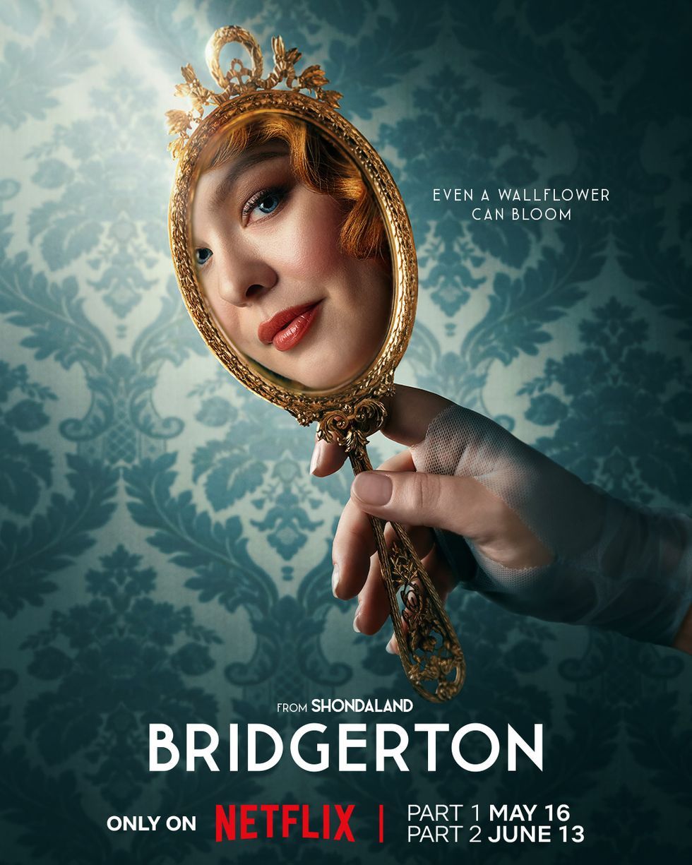 Bridgerton-Teaser-Poster zur dritten Staffel mit Nicola Hustenlan als Penelope, reflektiert in einem Handspiegel