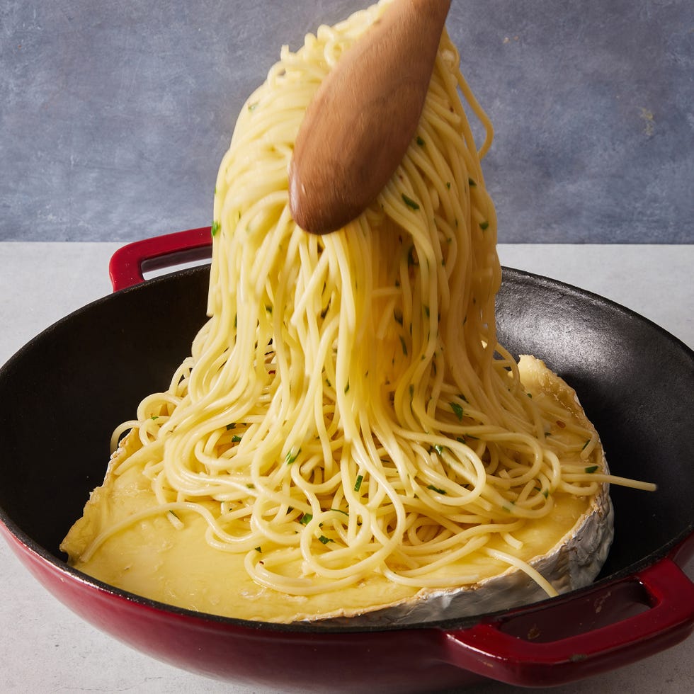 spaghetti made with an entire wheel of brie