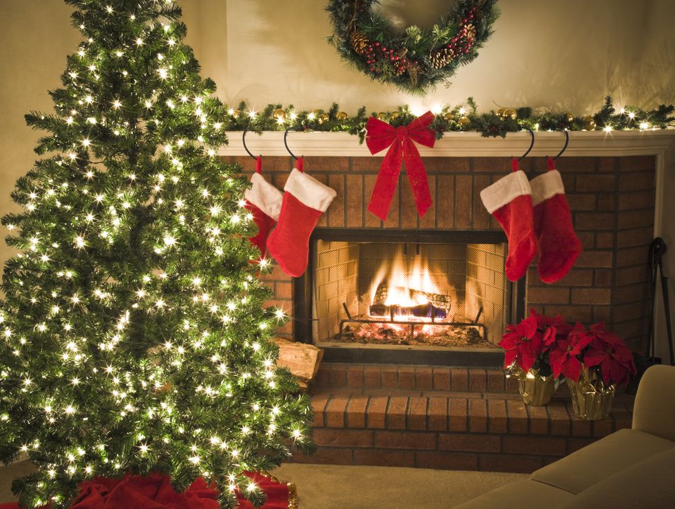 fireplace and decorated christmas tree