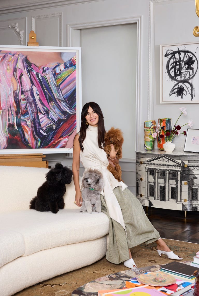 a person seated on a couch with three dogs surrounded by a colorful abstract painting and decorative elements