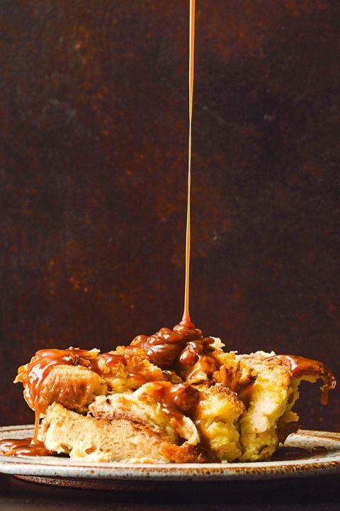 brioche bread pudding with bourbon caramel sauce poured on top