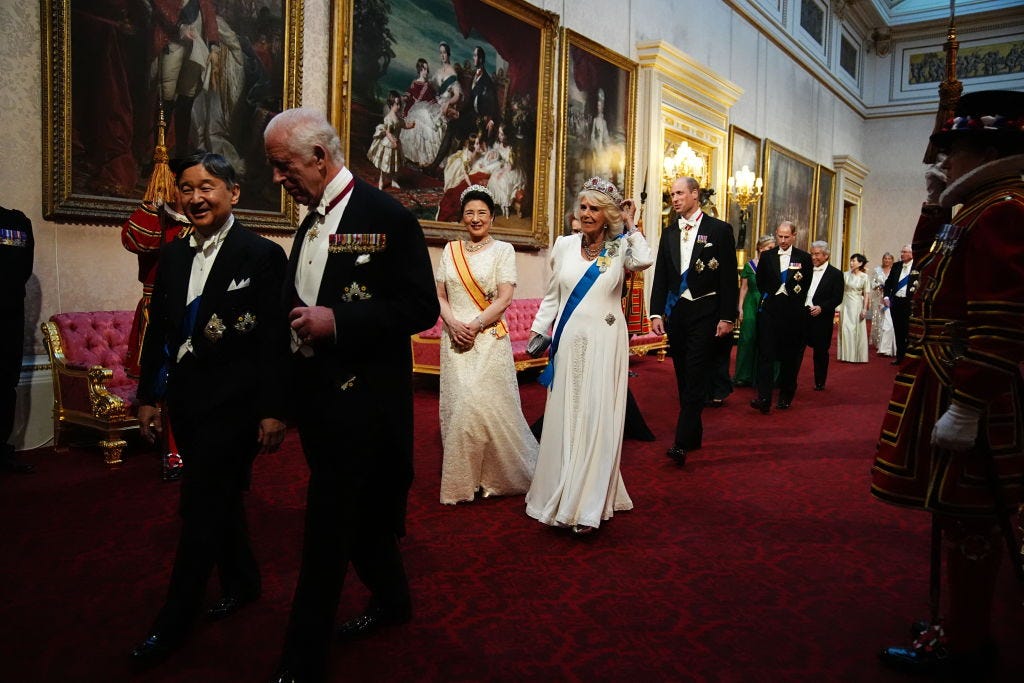 Queen Camilla Wore Crisp White to a Welcome Banquet for the Emperor of Japan