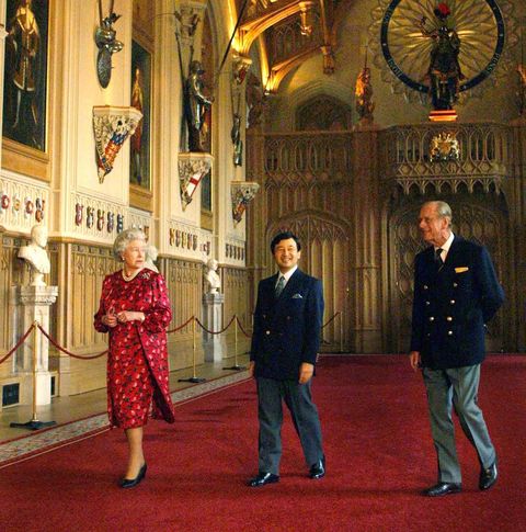 britain's queen elizabeth ii  escorts crown prince naruhito