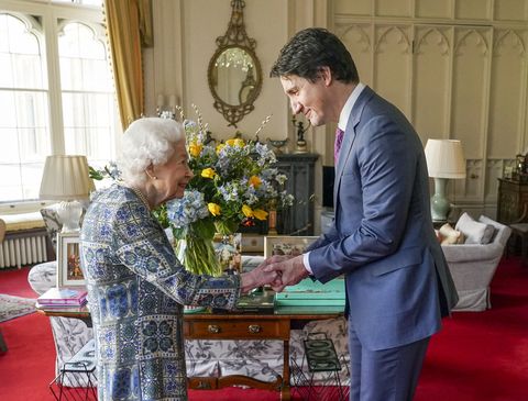 queen elizabeth ii shakes hands with canadian prime minister justin trudeau as they meet for an audience at the windsor castle