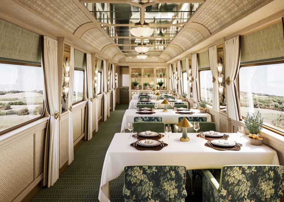 dining car of a train featuring elegant decor and table settings