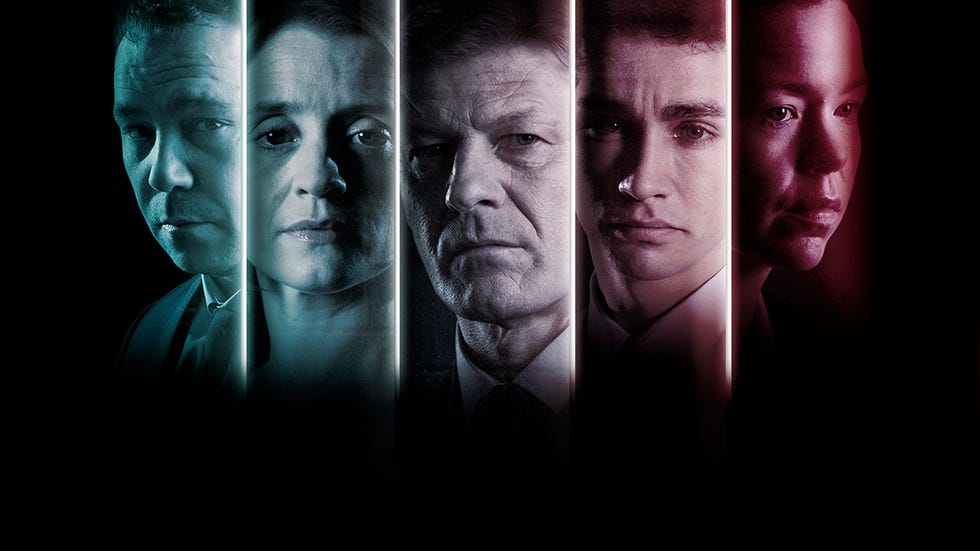 a darkthemed graphic featuring individuals partially obscured and illuminated by vertical lights
