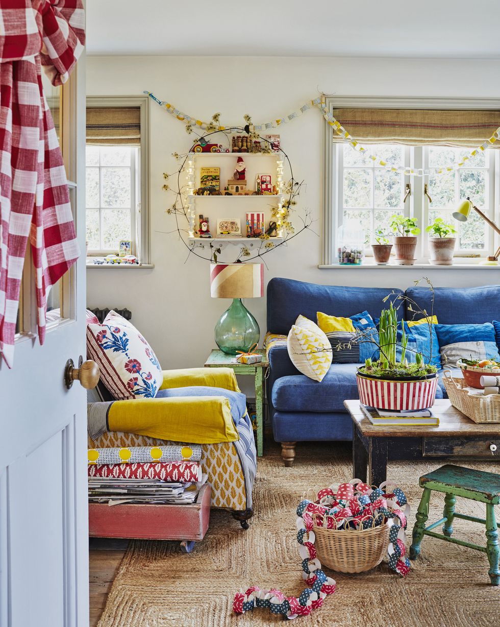 colorful british living room decorated for christmas