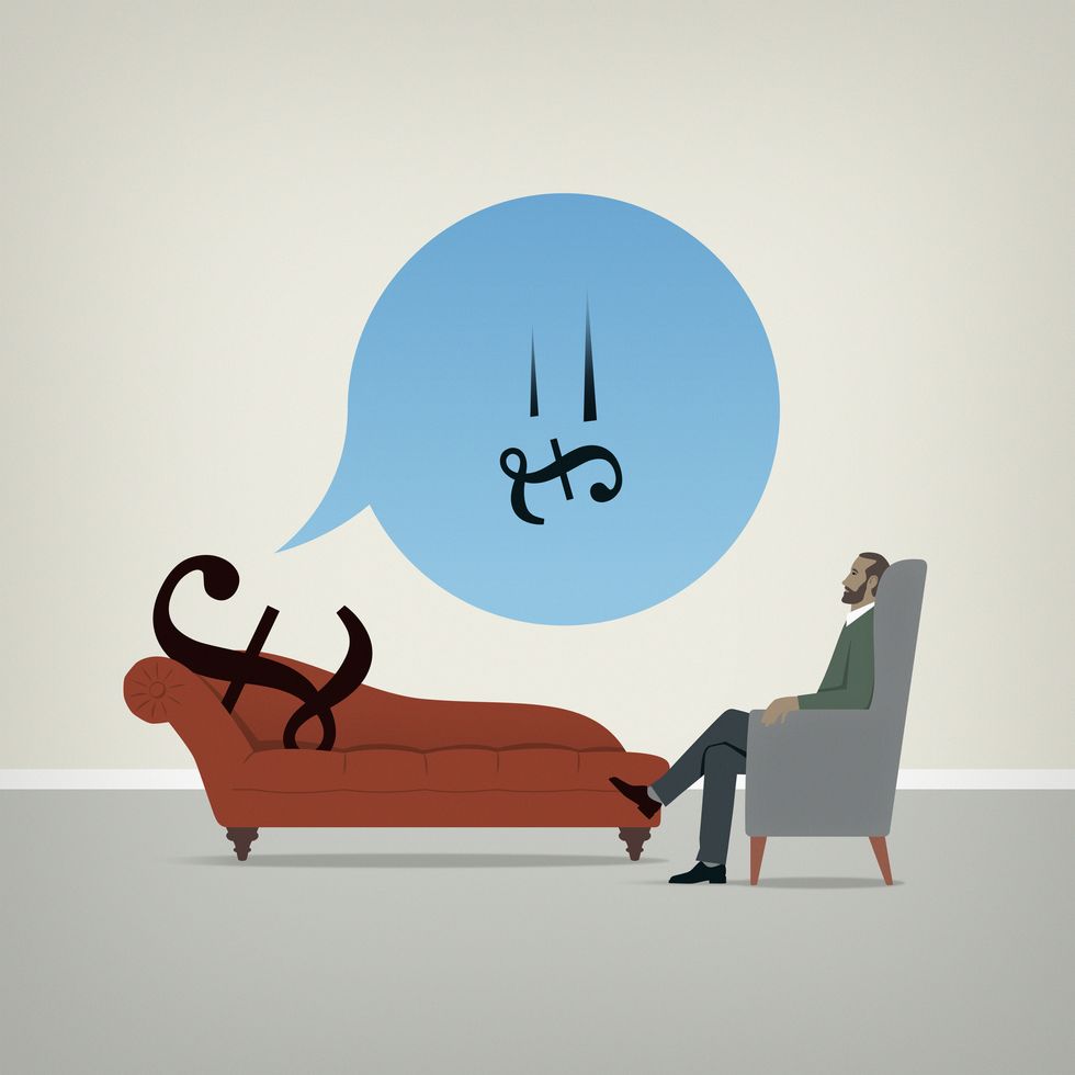 British pound sign on psychiatrists couch worrying about falling value