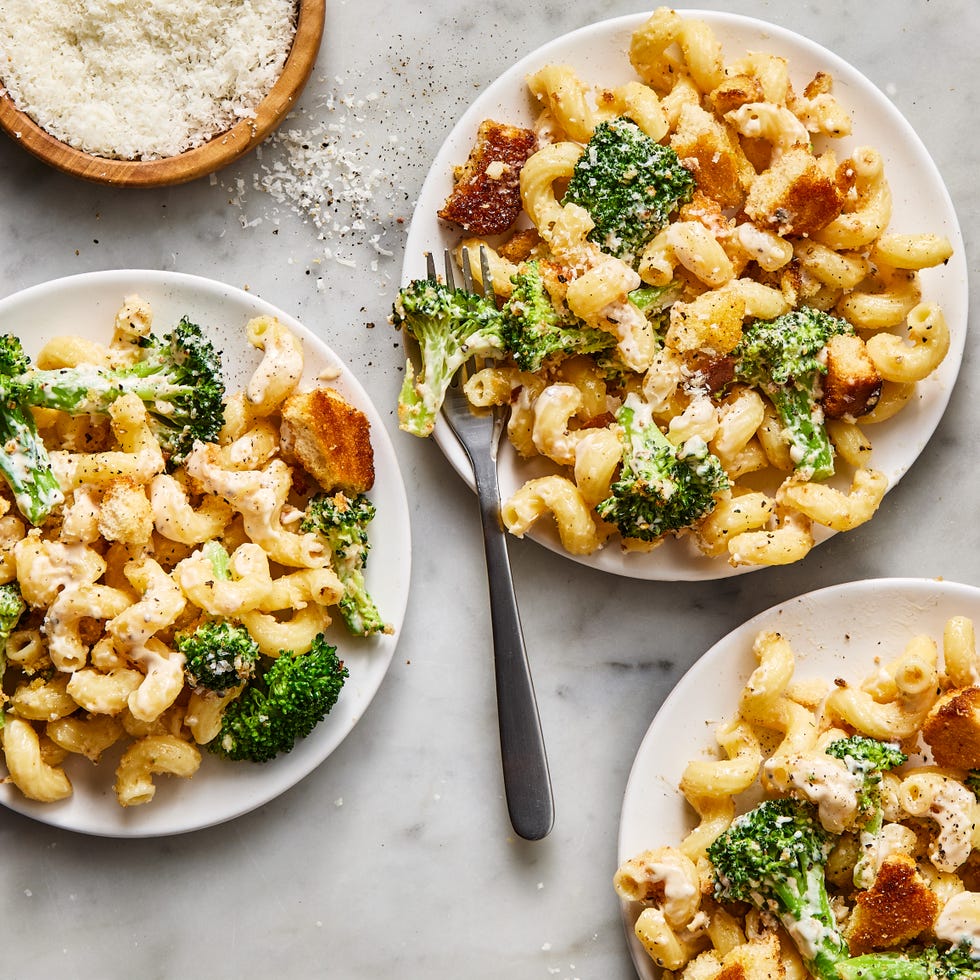 broccoli caesar pasta salad topped with crunchy croutons