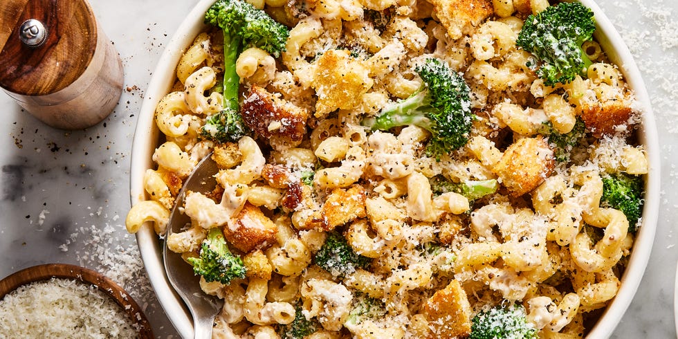 broccoli caesar pasta salad topped with crunchy croutons