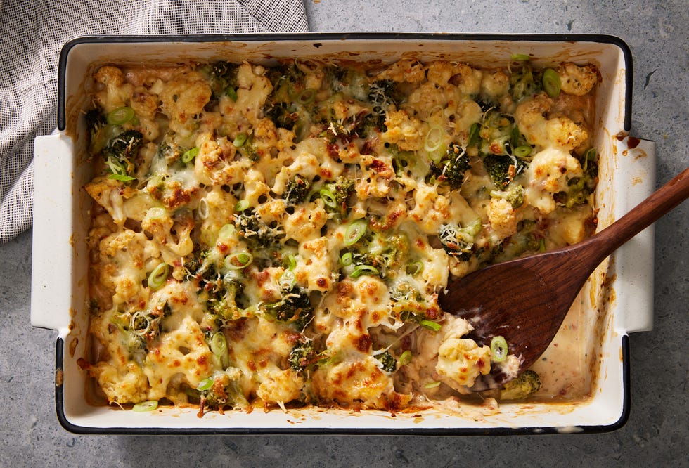 broccoli cauliflower casserole topped with scallions