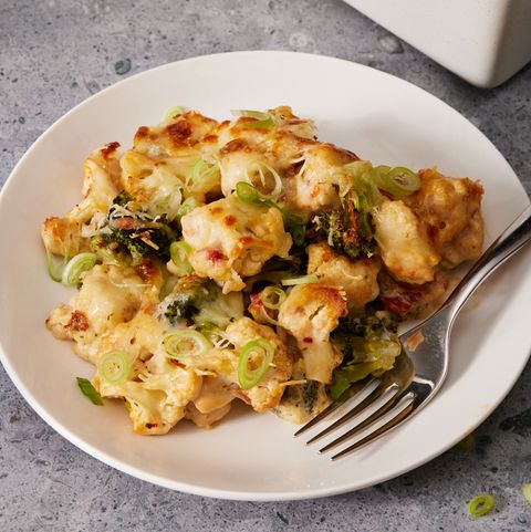 broccoli cauliflower casserole topped with scallions