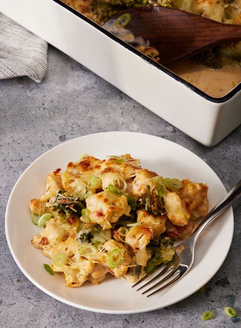 broccoli cauliflower casserole topped with scallions