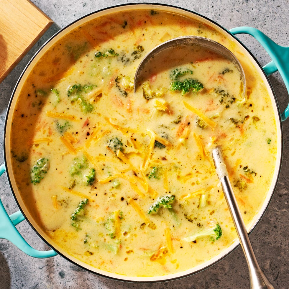 broccoli cheddar soup sprinkled with cheddar cheese