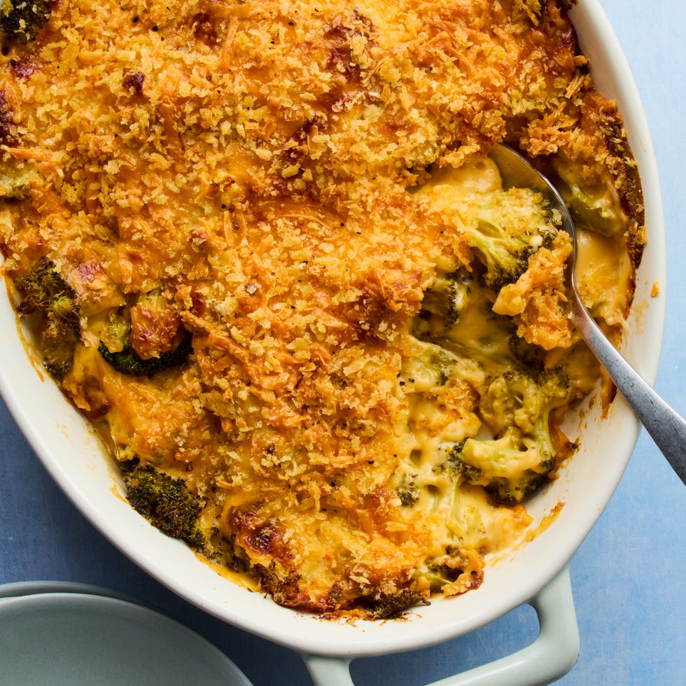 broccoli cheese casserole topped with panko breadcrumbs