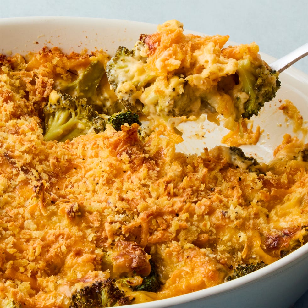 broccoli cheese casserole topped with panko breadcrumbs