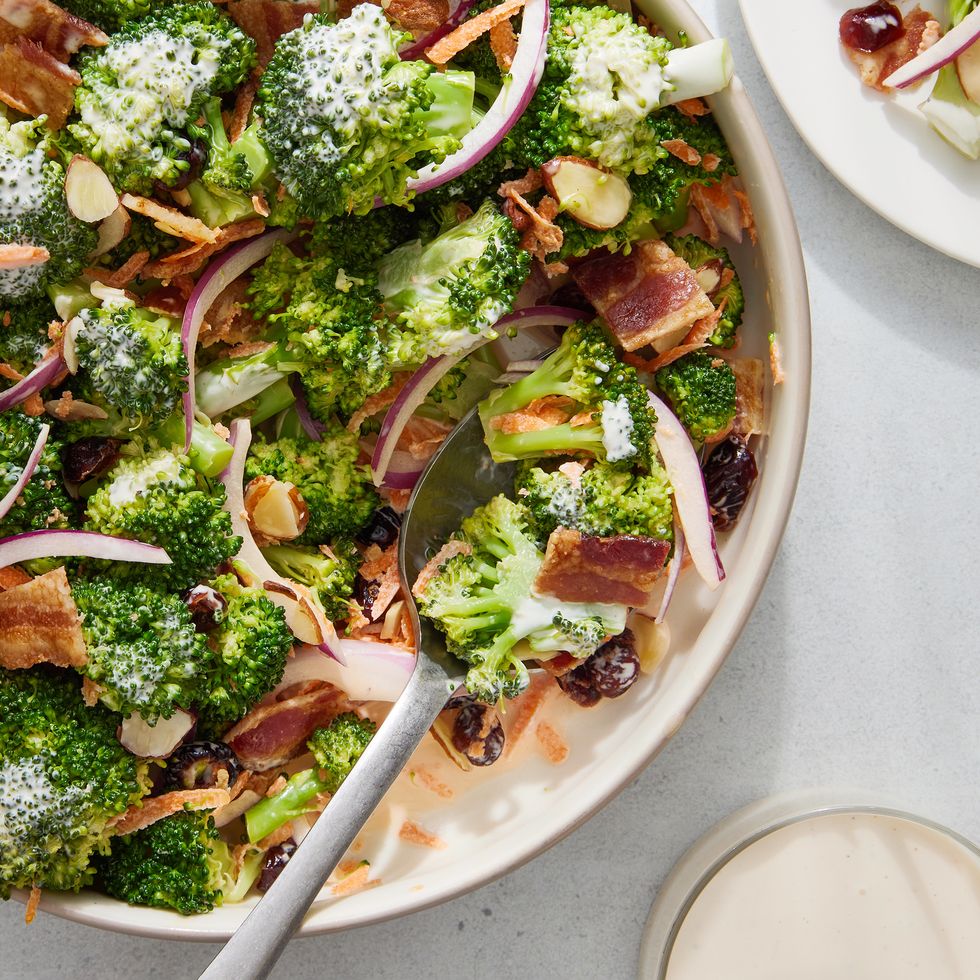 broccoli salad with red onion, bacon, and almonds