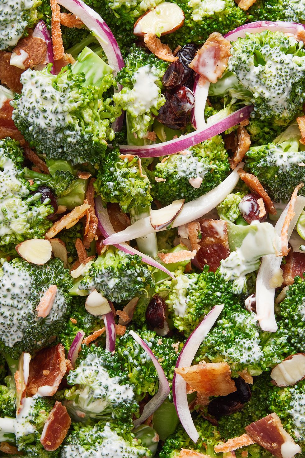 broccoli salad with red onion, bacon, and almonds
